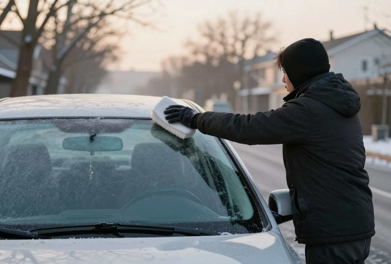 Person von hinten kratzt im frühen Wintermorgenlicht Eis von einer Autoscheibe, ruhige Straße mit kahlen Bäumen
